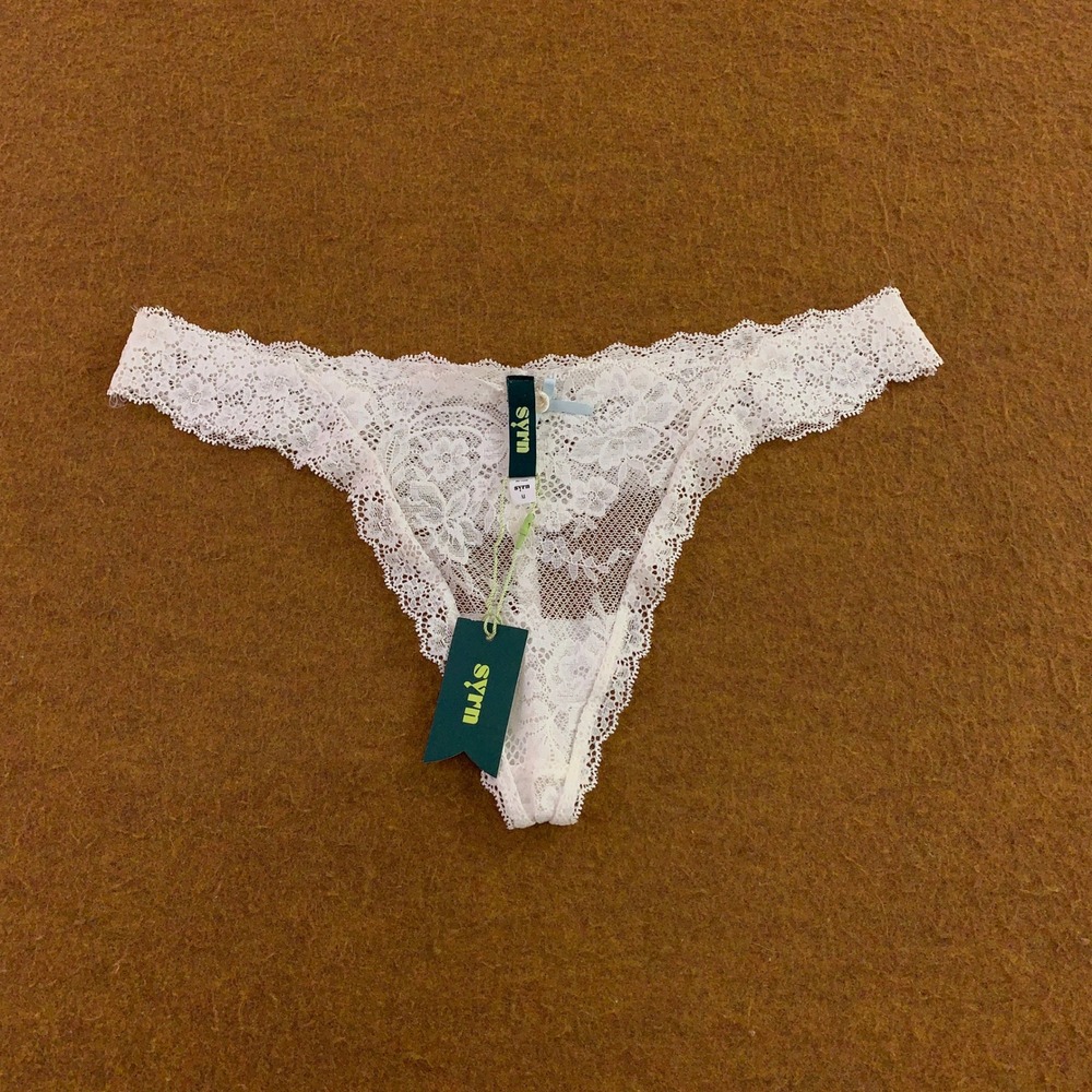 Syrn Womens Medium White Pillow Fight Blue Sky Lace Rosette Thong Panty NWT
